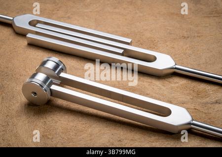 Stimmgabeln aus Metall, die zum Stimmspiel von Musikinstrumenten, zur Klangtherapie, zur Chakra-Heilung oder Entspannung verwendet werden Stockfoto