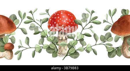 Herbst Pilze bunter nahtloser Rand. Giftiger Fliegenpilz, essbare Bolete mit grünem Laub. Herbstfarbener Aquarellstreifen. Perfekt Stockfoto