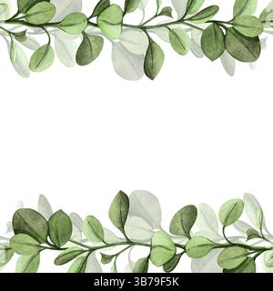 Frühlingsfrischer grüner Blumenrahmen mit nahtlosem Rand - Zweige und Laub. Handgezeichnete Aquarellschablone - botanischer Rand. Perfekt für die Saison Stockfoto