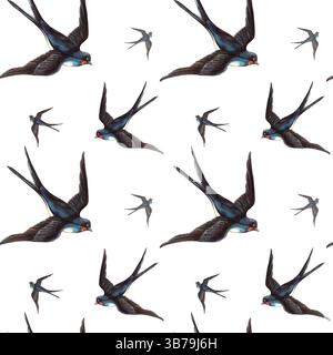 Schluckt Vögel, die nahtlos im Vintage-Muster fliegen. Handgezeichneter romantischer Aquarellhintergrund. Perfekt für Retro-Verpackungen, saisonale Frühlingsarrangements Stockfoto