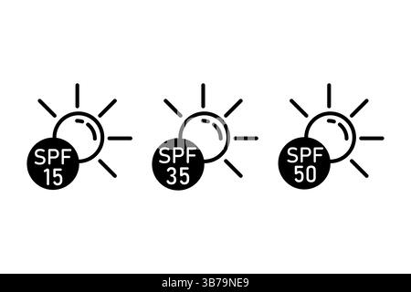 Symbol für SPF-Stufen. Sonnensymbol Trio. 15 35 50 Kreis. UV-Schutzvektor. Stock Vektor