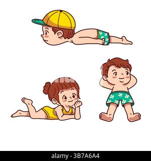 Glückliche Kinder genießen den Sommerurlaub mit verschiedenen Posen, die Spaß und Outdoor-Aktivitäten zeigen Stock Vektor