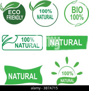Natürliche 100% Bio Etiketten Set Symbol, gesunde Lebensmittel Abzeichen, frische Öko, Lebensmittel Vorlage Symbol für Banner, Poster und Karte Stock Vektor