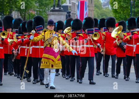 Die offiziellen Gedenkfeiern zum VE Day begannen mit einer Militärprozession mit 1.300 Soldaten und Kadetten von Whitehall zur Mall, wo sie mit einem Fliegenzug endete. Stockfoto