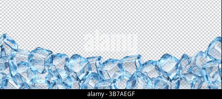 Realistischer Eiswürfelhintergrund mit Kristallblöcken. 3D-Vektorrahmen, isolierter Rand blauer transparenter gefrorener Wasserteile. Glas oder eiskaltes festes Stück Stock Vektor