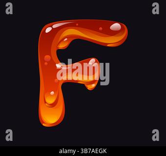Fließende Honigcartoon Schriftart Buchstabe F. Süße Caramel Zeichentrickfilm englisches Alphabettypsymbol, leckere Süßigkeiten Vektor Schriftzeichen. Gelber gelber, gelber ABC-Buchstabe oder Stock Vektor