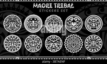 Maori Tribal Tattoo Sticker Pack von Vektorkreisen mit polynesischem geometrischem Muster, Sonne, Mond und Monster Gesichter. Maori, samoan, azteken oder maya-Ethni Stock Vektor