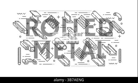 Ikonen aus Stahl und Aluminium gewalzten Metallprodukten. Vektorlinie Eisenstangen, Rohre und Rohre, Platte, Stange, Träger und Drahtgeflecht, Winkel und Kanäle. Metallur Stock Vektor