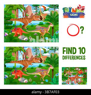 Kinder Spiel Arbeitsblatt, um zehn Unterschiede zwischen prähistorischen Dinosauriern zu finden, Vektor-Puzzle Quiz. Kinder spielen 10 Unterschiede des Zeichentrickfilms Jurassic T Stock Vektor