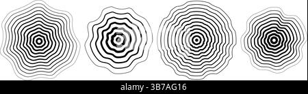 Schwarzer konzentrischer, geriffelter Kreis. Punktmuster und gestrichelte runde Klangwellen-Kollektion. Epizentrum, Ziel, Radar, Sonar-Symbol-Konzept. Vektorwelligkeit Halbton radiales Funksignal oder Vibrationselemente Stock Vektor
