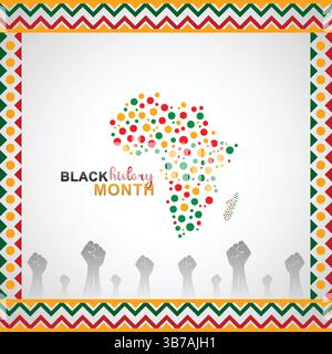 Schwarzer Monat der Geschichte mit gepunkteten Afrika-Karte und erhobenen Fäusten Stock Vektor