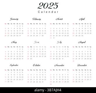 Einfache Vorlage für den Kalender 2025 mit allen zwölf Monaten Stock Vektor