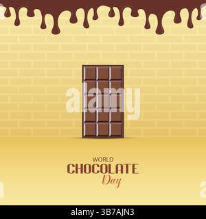 World Chocolate Day mit Schokoladenriegel und tropfender Soße auf Ziegelwänden Stock Vektor