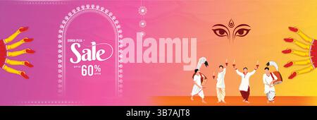 Happy Sharadiya Durga Puja Verkaufsbanner mit Göttin Augen und Menschen Stock Vektor