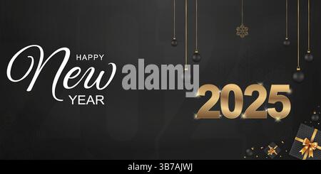 Happy New Year 2025 elegantes schwarzes Banner mit goldenem Text und Ornamenten Stock Vektor