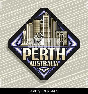 Vektor-Logo für Perth City, dunkles Rautenschild mit detaillierter Illustration der berühmten modernen perth City Landschaft, Kunstdesign Kühlschrankmagnet mit Uni Stock Vektor