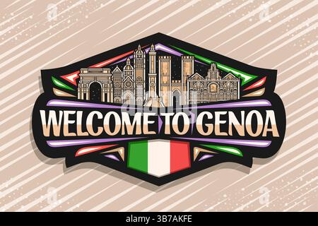 Vektor-Logo für Genua, schwarzes dekoratives Tag mit detaillierter Umrissdarstellung der historischen genua Stadtlandschaft auf Dämmerungshimmel Hintergrund, Kunstdesign touri Stock Vektor