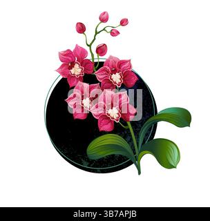 Künstlerisch gezeichnete üppig blühende Orchidee mit rosa Blüten und grünen Blättern auf schwarzem Kreis Hintergrund. Rosafarbene Orchidee. Stock Vektor