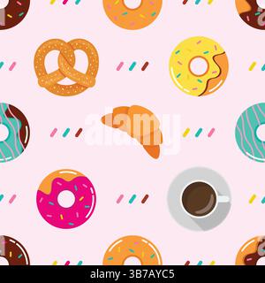 Nahtloses Muster von bunten Snacks. Croissant Brezel und Donuts. Vektorabbildung Stock Vektor