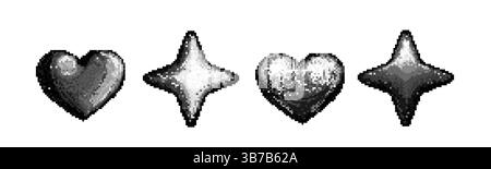 Pixel Art Shapes Set – schwarz-weiße 8-Bit Herz- und Sternsymbole. Retro 90s dithered niedrig auflösende Design Elemente, Old School y2k Video Spiel Gesundheit Leben Indikatoren isoliert auf weißem Hintergrund. Stock Vektor