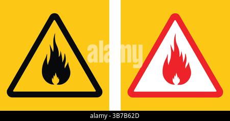 Dreieckige Warnschilder für Brandgefahr. Geeignet für Gefahrstoffbereiche, Sicherheitsposter, Beschilderung am Arbeitsplatz oder Einhaltung gesetzlicher Vorschriften. Stock Vektor