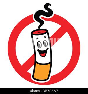 Anti-Smoking-Zeichentrickschild mit Happy Cigarette und rotem Verbotskreis – kreatives Symbol für rauchfreie Zonen und Sensibilisierungsprogramme Stock Vektor