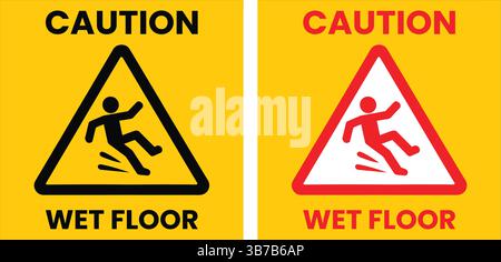 Achtung Symbol für nassen Boden für die öffentliche Sicherheit, verwendet in Büros, Krankenhäusern und Geschäftsgebäuden, um ein Ausrutschen und Stürzen zu verhindern. Stock Vektor