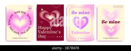 Valentinstag-Banner-Kollektion mit Herzverlauf - rosa verschwommene romantische Formen und Liebestext auf beigefarbenem Hintergrund, rotes Happy 14 February-Kartendesign. Romantisches Set mit Girly y2k-Grafik in Pastellfarben. Stock Vektor
