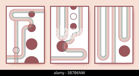 Wandbilder im Stil der 70er Jahre mit Regenbogenbögen - geschwungene Linienwege mit kreisförmigen Formen, gestreifte Bänder in warmen Retro-Farben. Geometrische abstrakte Designs in modernen Plakaten der Mitte des Jahrhunderts. Stock Vektor