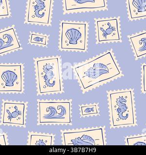 Nahtloses Muster im Meeresstil mit Briefmarkenmotiven - Muscheln und Wellen, Fische und Krabben im blauen Stil. Skurriles, sich wiederholendes Design für Sommerreisen, Strandurlaub oder maritime Hobbys. Stock Vektor