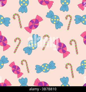 Farbenfrohes nahtloses Muster mit bunten Bonbons auf hellem Hintergrund. Stock Vektor