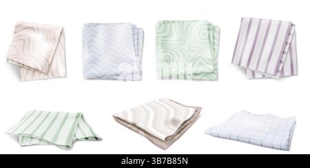 Küchenhandtuch und Serviettenmockups – gefaltete, gestreifte Baumwoll- oder Leinentücher-Kollektion in weichen Pastelltönen. Quadratische Haushaltstextilien bündeln sich mit geometrischen Mustern für Branding-Showcase. Stock Vektor