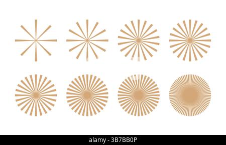 Brutalismus Figurenformen, minimalistische geometrische Elemente. Goldene Retro-Linie mit Sonnenschein, Sonnenstrahlen. Vektor minimalistische runde Form. Stock Vektor