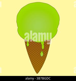 Sommerillustration von saftigem appetitanregendem grünem Eis in Waffelkegel mit Tropfen und Tropfen auf gelbem Hintergrund. Ideal für Sommer, Essen, Nachtisch Stock Vektor