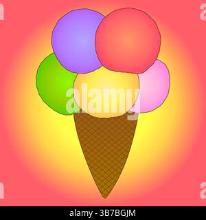 Erfrischendes Sommereis in Form von mehreren bunten Kugeln in einem Waffelkegel auf einem abgestuften Hintergrund. Ideal für Sommer, Essen, Dessertdesig Stock Vektor