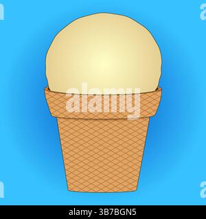 Sommer-Vektor-Illustration des erfrischenden appetitlichen Vanilleeises in der Waffelschale auf blauem Farbverlauf Hintergrund. Ideal für Sommer, Essen, Nachtisch Stock Vektor