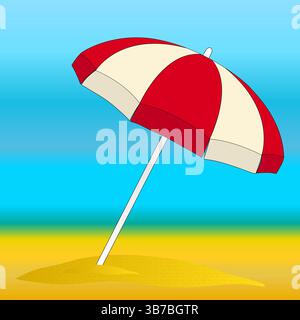 Sommer Illustration eines bezaubernden roten und weißen Strandschirms, der vor der Sonne schützt, auf dem Sand vor einem blauen Himmel und Meer. Ideal für Sum Stock Vektor