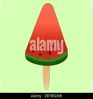Sommer-Vektor-Illustration von saftigem Eis auf einem Stock in Form von Wassermelonenscheibe auf hellgrünem Hintergrund. Appetitliches Beerenfruchteis. Perfec Stock Vektor