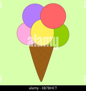 Einfaches Sommercartoon erfrischendes Eis in Form von mehreren bunten Kugeln in einem Waffelkegel auf grünem Hintergrund. Ideal für Sommer und Nachtisch Stock Vektor
