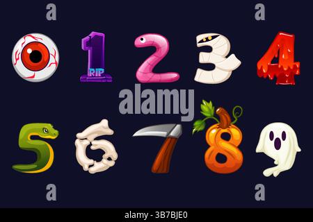 Halloween-Nummern. Zahlen für Kinder mit Halloween-Elementen, von 1 bis 9. Lernmaterial für Kinder oder Aufkleber für Partys Stock Vektor