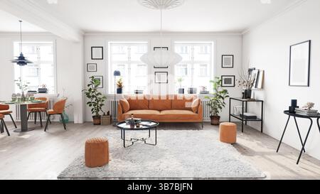 Wohnzimmer im skandinavischen Stil mit orangefarbenem Sofa und gerahmten Kunstwerken. 3D-Rendering. Stockfoto