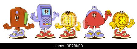 Retro-Cartoon-Geldfiguren - Geldbörse mit Banknote und Zahlungsterminal, Bitcoin und goldene Münze mit Kleeblatt, Vintage-Geldbörse mit Beinen, Händen und lustigen Gesichts-Emotionen. Niedliche Finanz-Maskottchen. Stock Vektor
