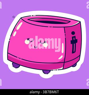 Ein kawaii lächelnder magentafarbener Toaster auf violettem Hintergrund. Niedlicher Aufkleber für einen Tagesplaner. Stock Vektor
