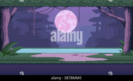 2D Pixel Nacht Dschungelwald Landschaft. Neonfarbener nächtlicher Regenwald-Hintergrund für Videospiel-Level. Ruhige Szene mit tropischen Bäumen, die l Stock Vektor