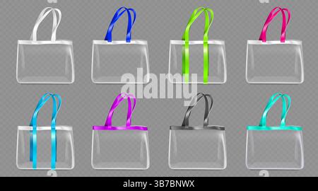 Transparentes Tragetaschen-Set mit Griffen in verschiedenen Farben - weiße Einkaufstaschen-Mockups mit leuchtenden, hellen Trägern. Handtaschen aus transparentem Kunststoff mit bunten Haken für Branding und Verpackungsdesign. Stock Vektor