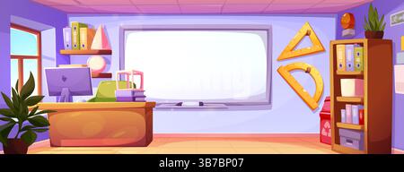 Innenausstattung der Schulklasse mit moderner Ausstattung. Vektor-Karikaturillustration des großen Raumes mit sauberer Tafel und Linealen an der Wand, Computer auf dem Lehrerpult, Ordner auf Regalen, Bildungsraum Stock Vektor