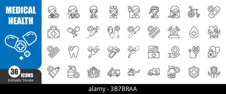 Medizinisches und gesundheitliches Umrisssymbol. Editierbarer Schlaganfall. Vektor . Stock Vektor