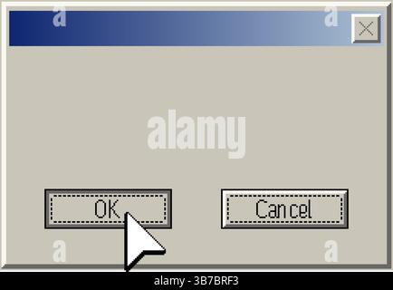 Minimalistisches Retro-Computerfenster mit OK- und Abbruchtasten im Pixel-Art-Stil. Ein großer Pfeilcursor, der auf die Schaltfläche OK klickt. Vintage 90er Jahre o Stock Vektor