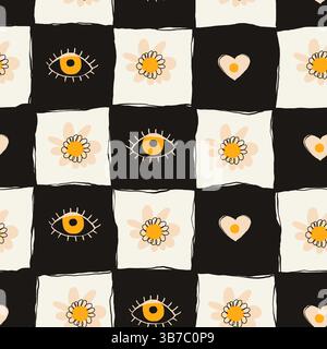 Hand gezeichnetes nahtloses Blumenmuster im Doodle-Stil mit schwarzen Quadraten, Augen und Herzen. Bunte Blumen und Laub mit niedlichen Strichzeichnungen Stock Vektor