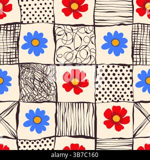 Verspieltes nahtloses Blumenmuster im Doodle-Stil mit schwarzen Linien. Bunte Blumen und Laub mit niedlichen Linienskizzen von Zweigen isoliert auf weiß Stock Vektor